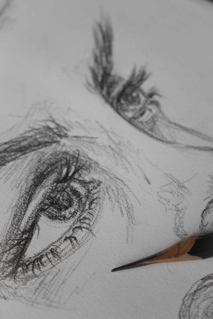 category-02 Explore this close-up pencil sketch highlighting intricate details and textures of human eyes, emphasizing artistic expression.