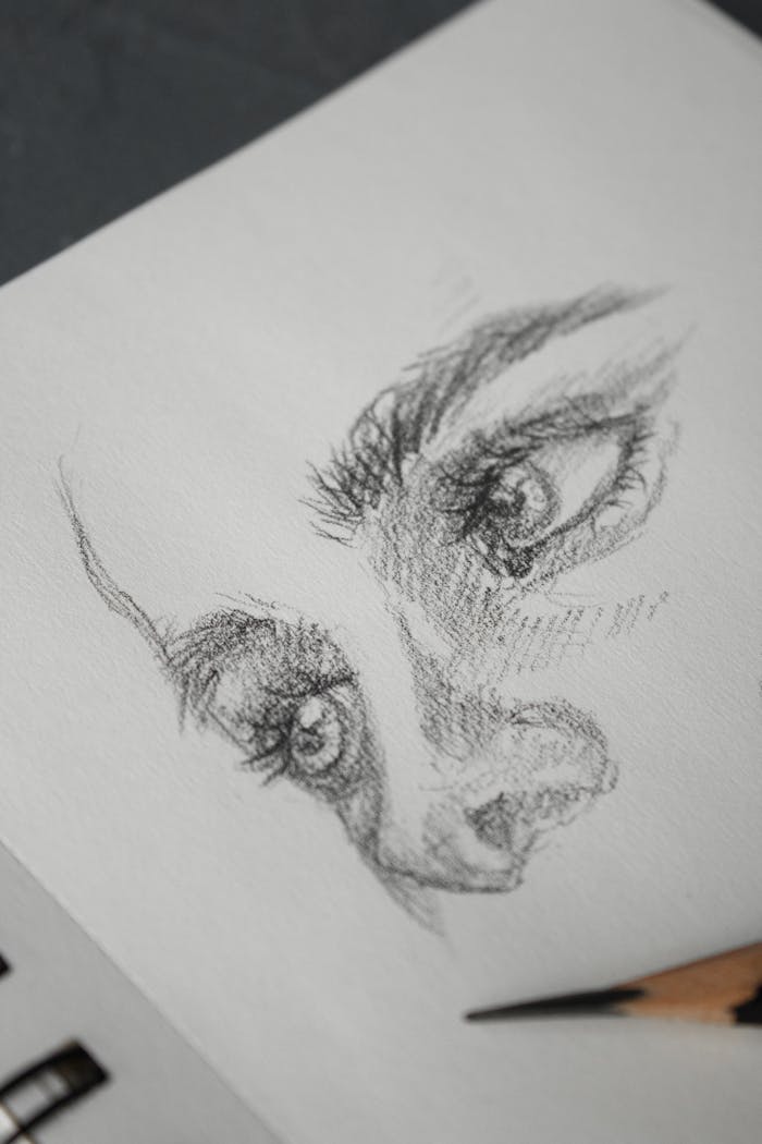 category-01 Intricate pencil sketch capturing expressive eyes and nose on paper.